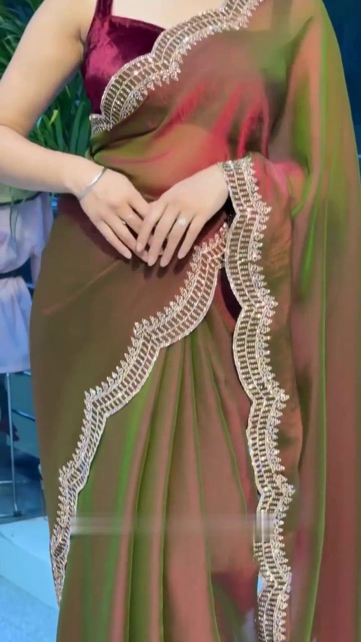 Elegant Moss Fabric Saree with Swarovski Diamond Work
