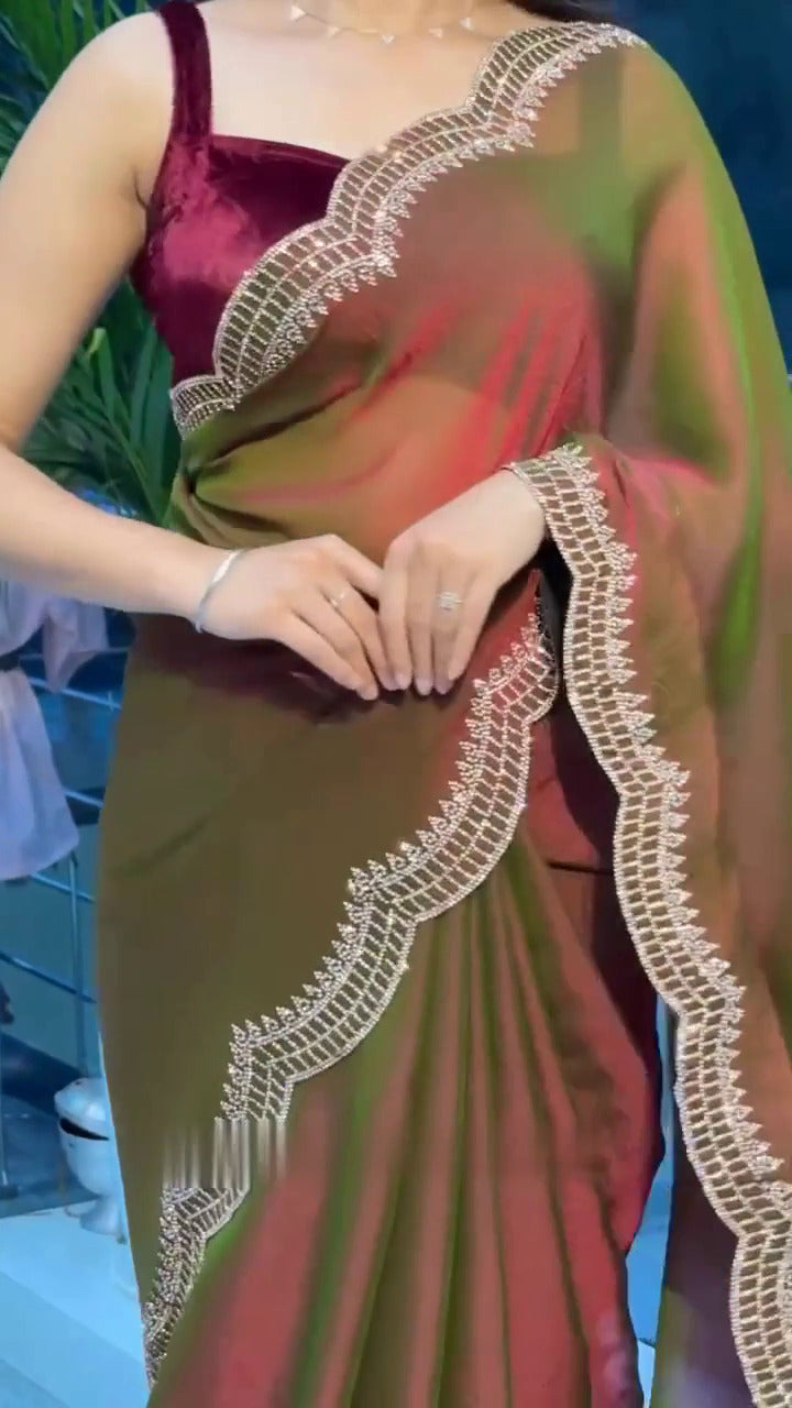 Elegant Moss Fabric Saree with Swarovski Diamond Work