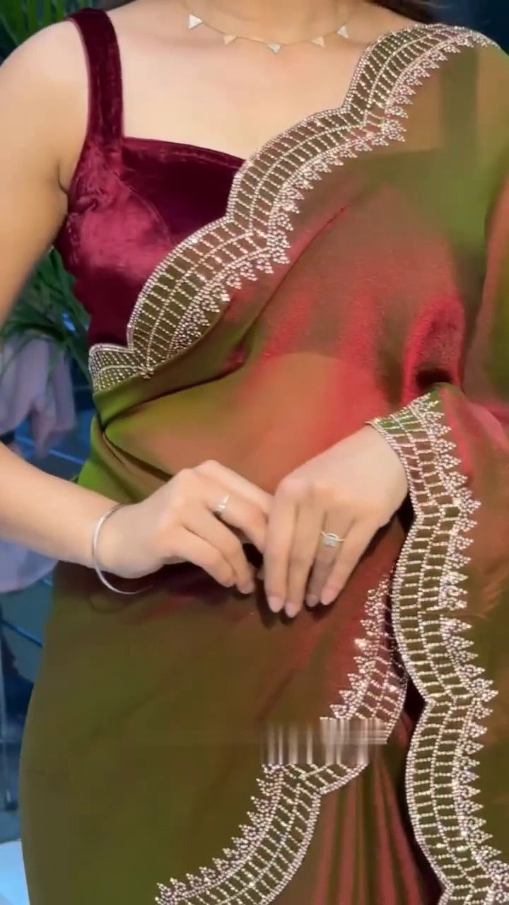 Elegant Moss Fabric Saree with Swarovski Diamond Work