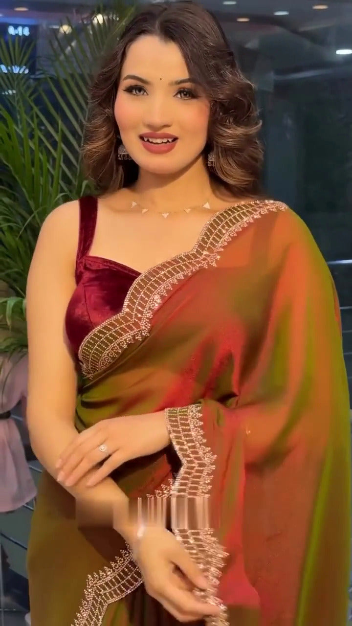 Elegant Moss Fabric Saree with Swarovski Diamond Work