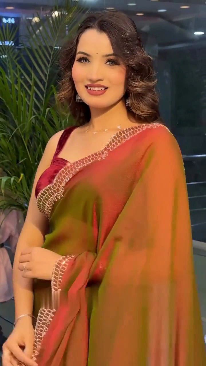 Elegant Moss Fabric Saree with Swarovski Diamond Work