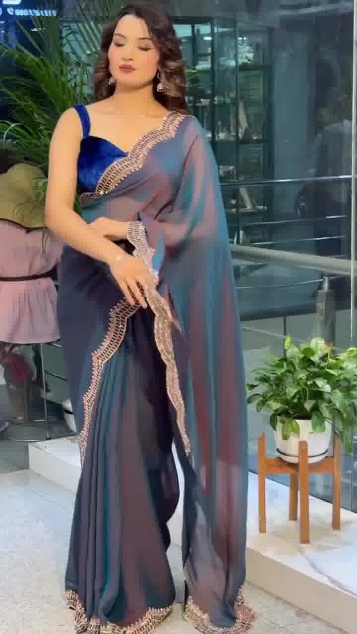 Elegant Moss Fabric Saree with Swarovski Diamond Work