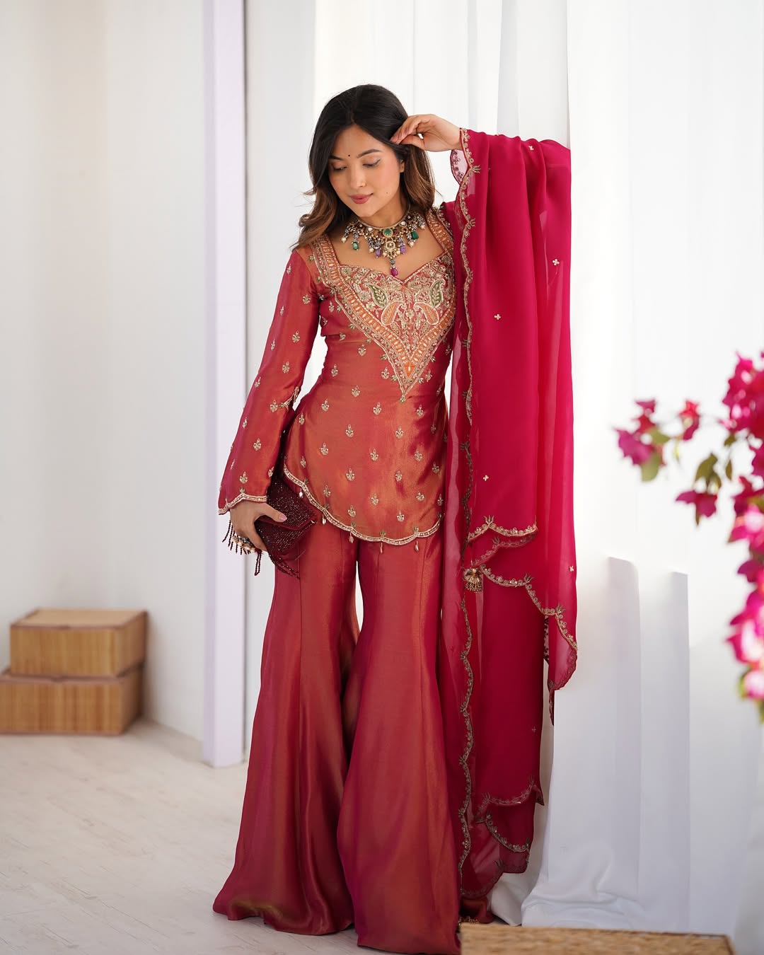 Maroon-Pink Embroidered Sharara Set – Ready to Wear