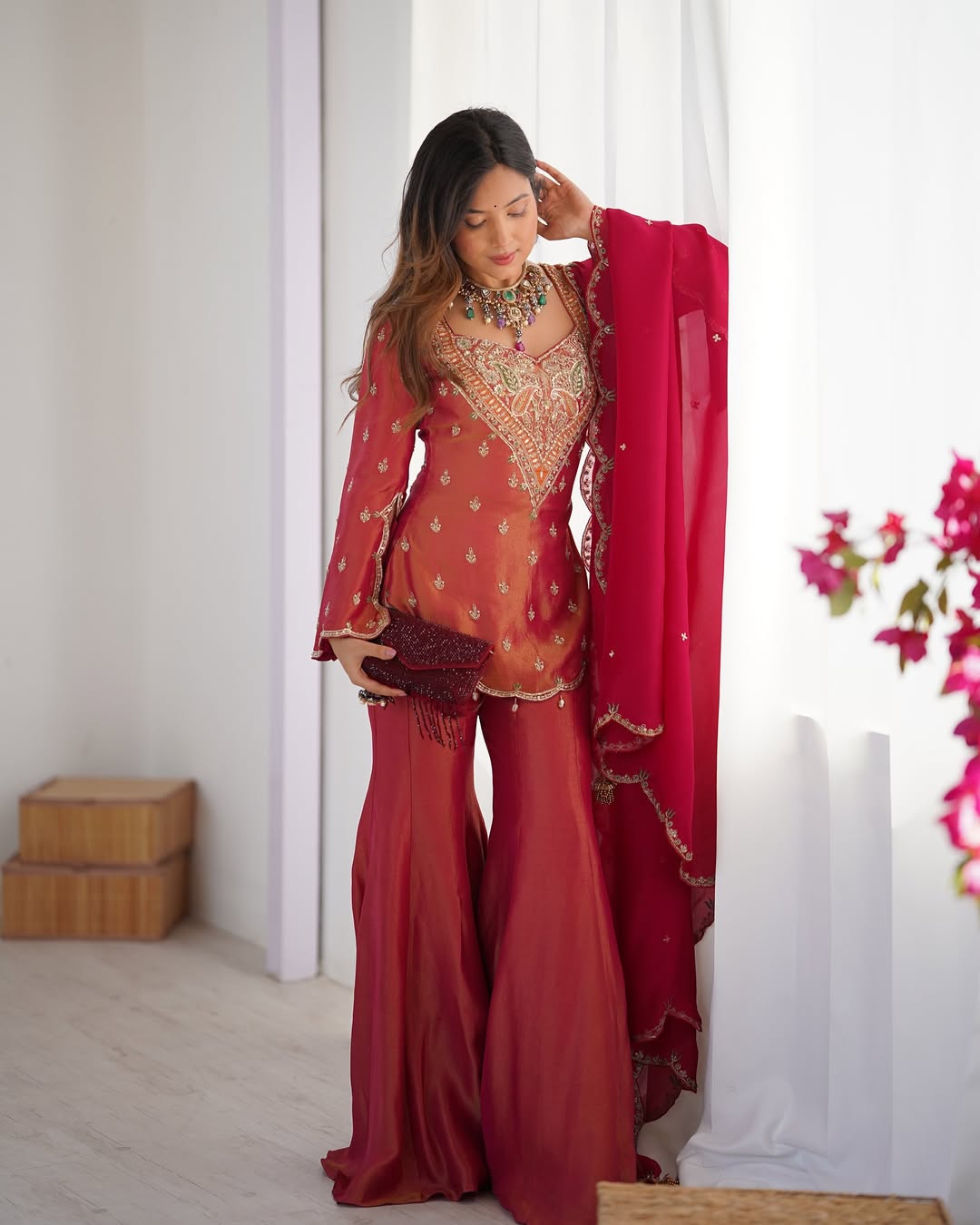 Maroon-Pink Embroidered Sharara Set – Ready to Wear