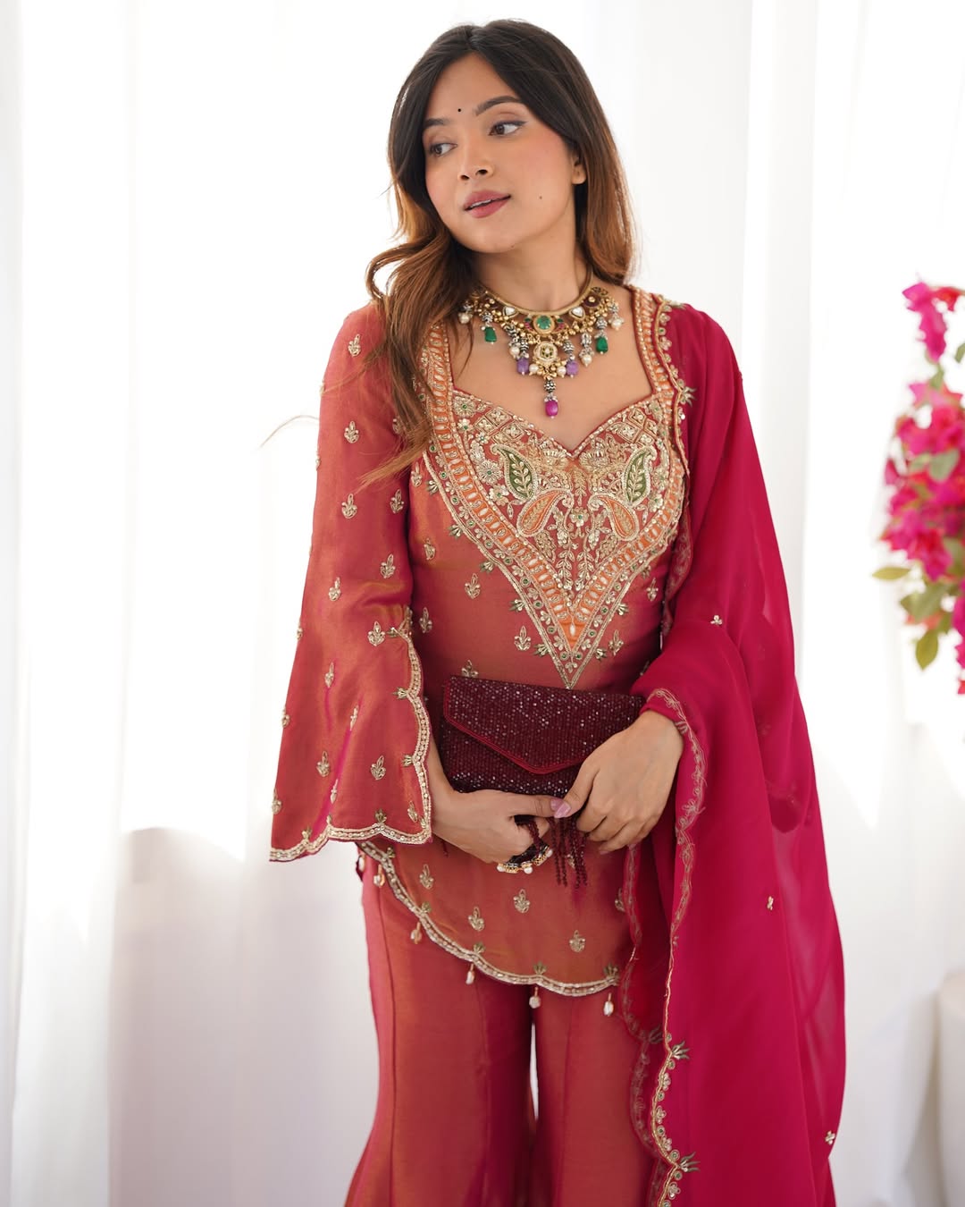 Maroon-Pink Embroidered Sharara Set – Ready to Wear