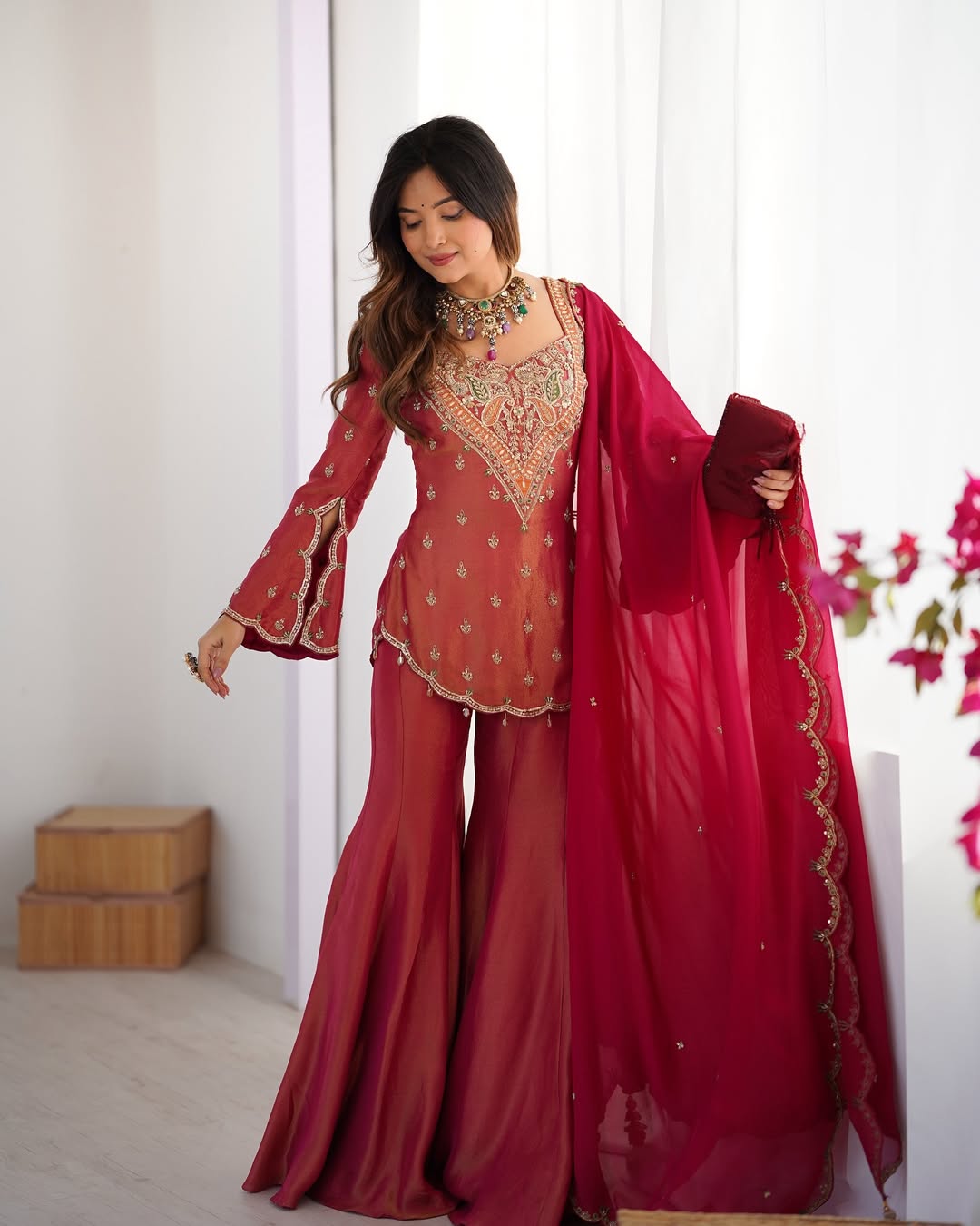 Maroon-Pink Embroidered Sharara Set – Ready to Wear