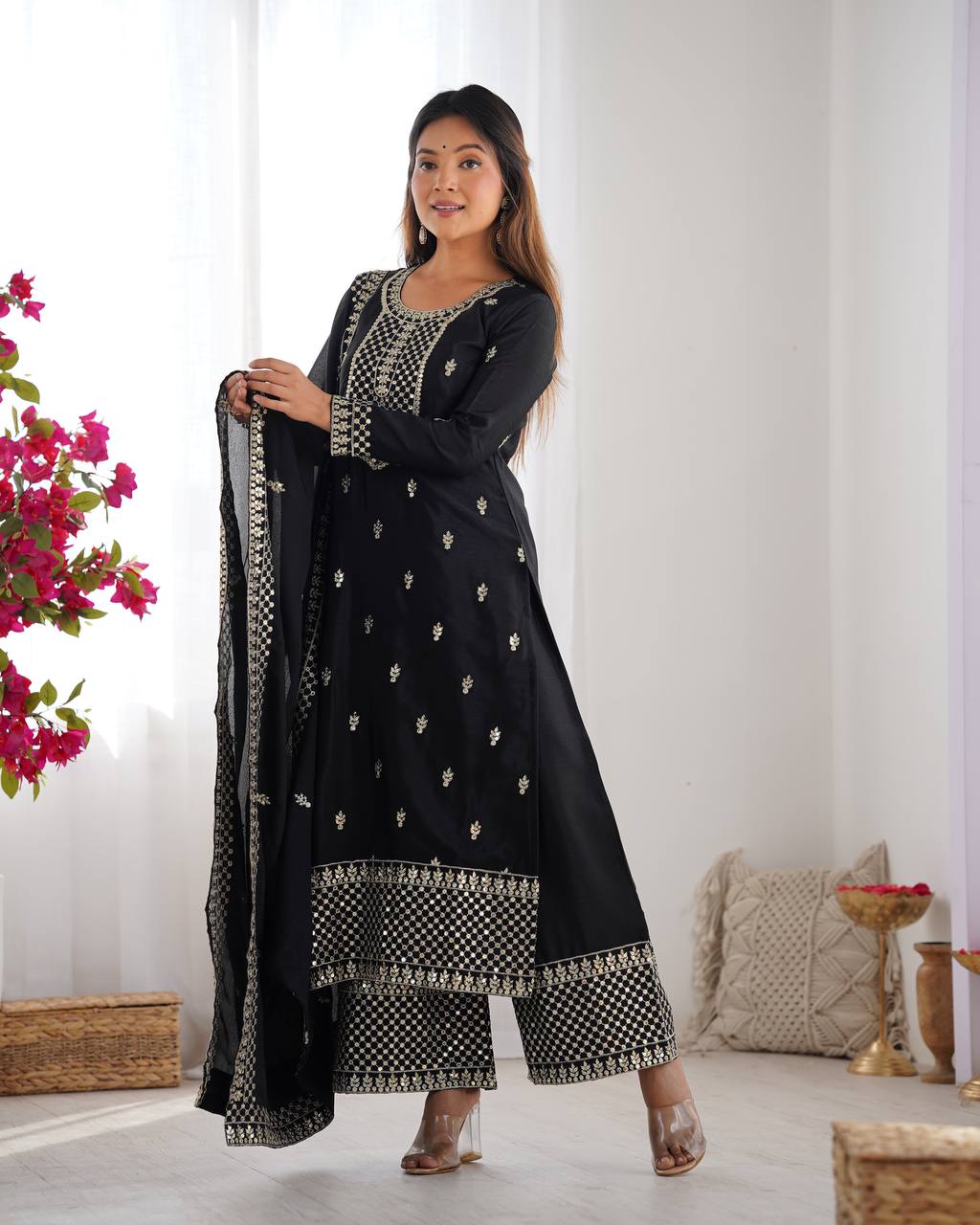 *PRESENTING NEW BEAUTIFUL PURE CHINON SILK FABRIC STRAIGHT FIT KURTA WITH DUPPTA SET,TROUSERS,READY TO WEAR*