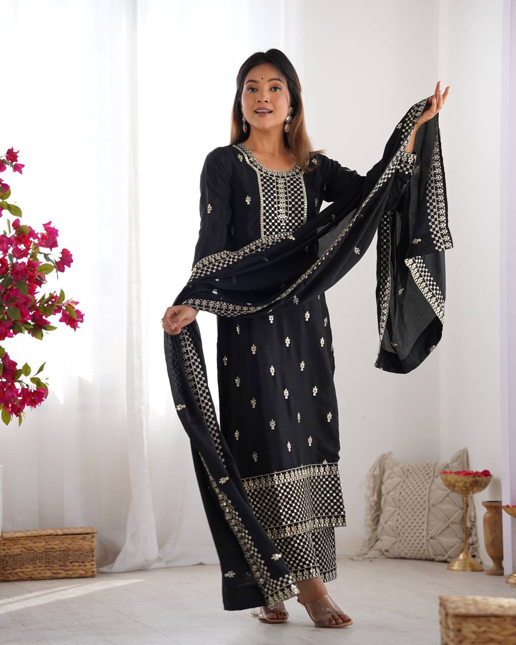 *PRESENTING NEW BEAUTIFUL PURE CHINON SILK FABRIC STRAIGHT FIT KURTA WITH DUPPTA SET,TROUSERS,READY TO WEAR*