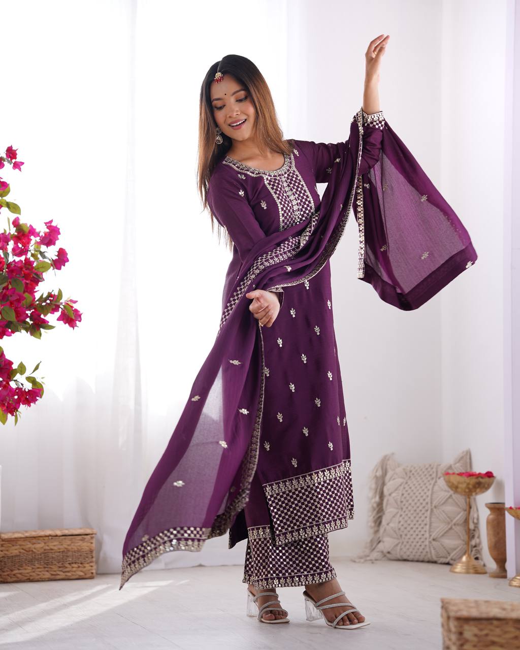 *PRESENTING NEW BEAUTIFUL PURE CHINON SILK FABRIC STRAIGHT FIT KURTA WITH DUPPTA SET,TROUSERS,READY TO WEAR*
