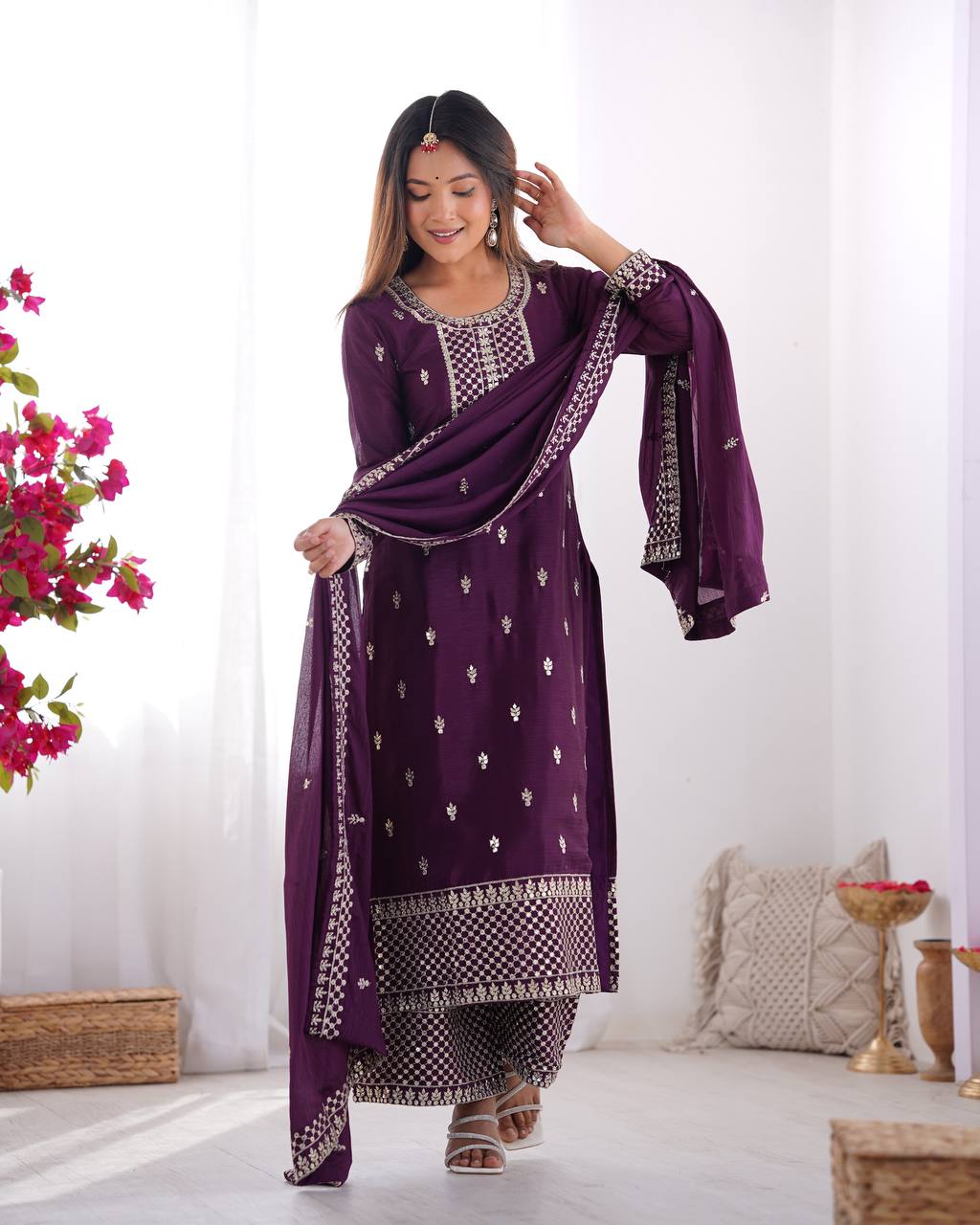 *PRESENTING NEW BEAUTIFUL PURE CHINON SILK FABRIC STRAIGHT FIT KURTA WITH DUPPTA SET,TROUSERS,READY TO WEAR*