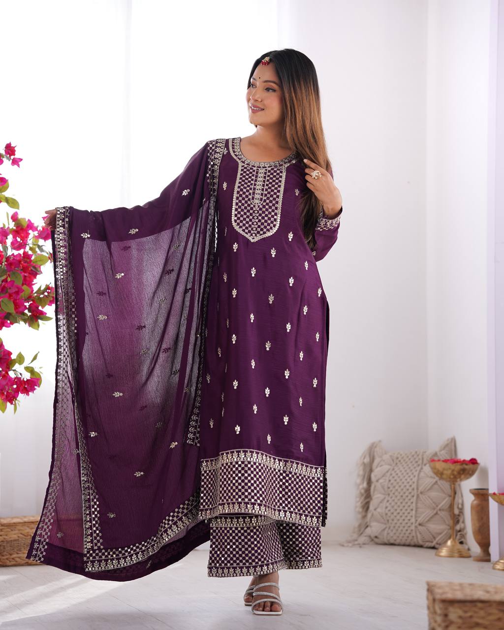 *PRESENTING NEW BEAUTIFUL PURE CHINON SILK FABRIC STRAIGHT FIT KURTA WITH DUPPTA SET,TROUSERS,READY TO WEAR*