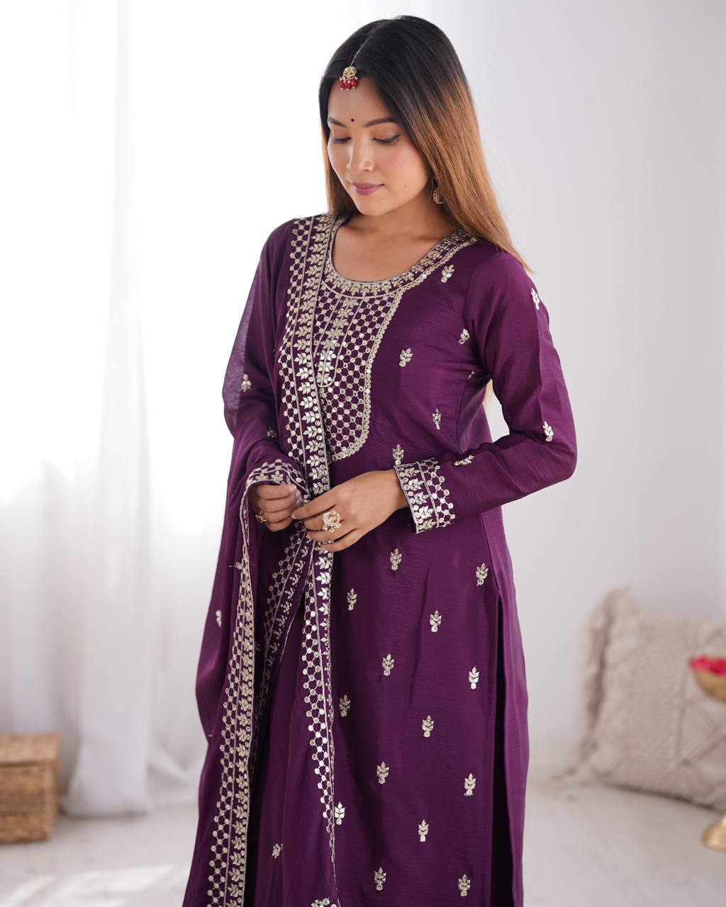 *PRESENTING NEW BEAUTIFUL PURE CHINON SILK FABRIC STRAIGHT FIT KURTA WITH DUPPTA SET,TROUSERS,READY TO WEAR*