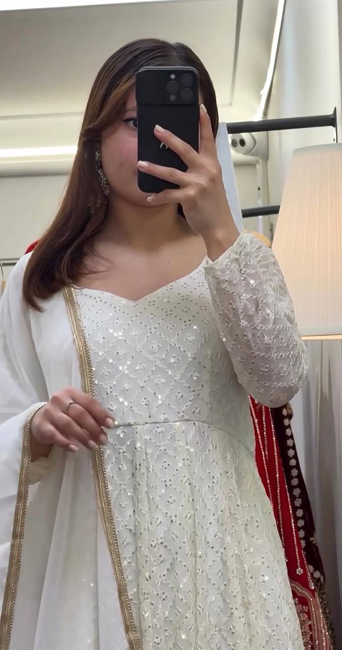 Designer Anarkali Suit is luxury clothing Considered to be high quality Made by Thread-Sequins Embroidery.