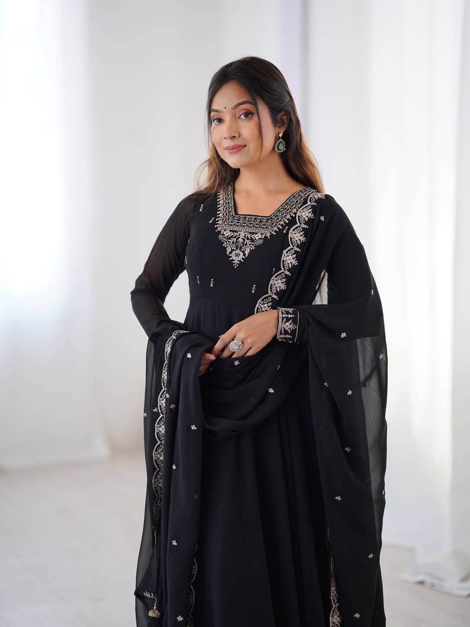 HEAVY PURE SOFT FOX GEORGETTE FANCY EMBROIDERY BEADS AND JARI WORK