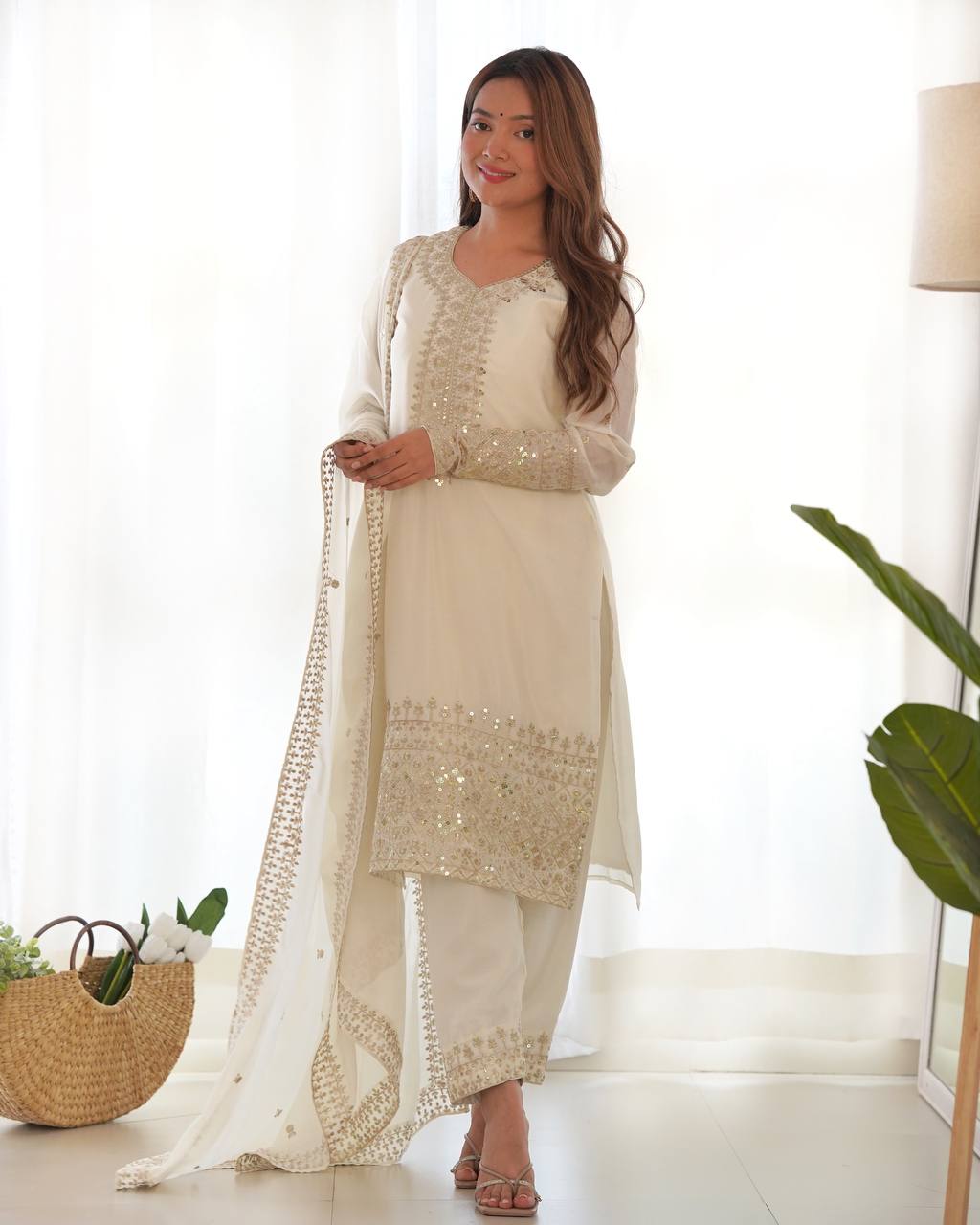 *PRESENTING NEW BEAUTIFUL PURE CHINON SILK FABRIC STRAIGHT FIT KURTA WITH DUPPTA SET,TROUSERS,READY TO WEAR*