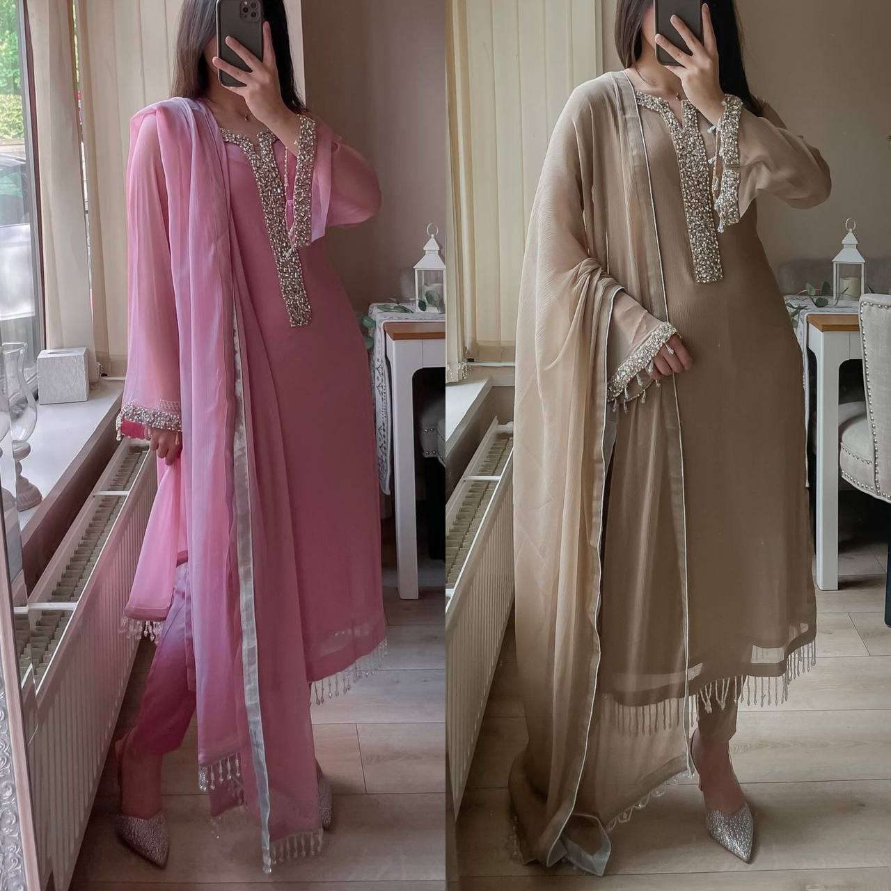 DESIRABLE FANCY FAUX GEORGETTE REAL MOTI HAND WORK TOP AND PENT WITH DUPATTA