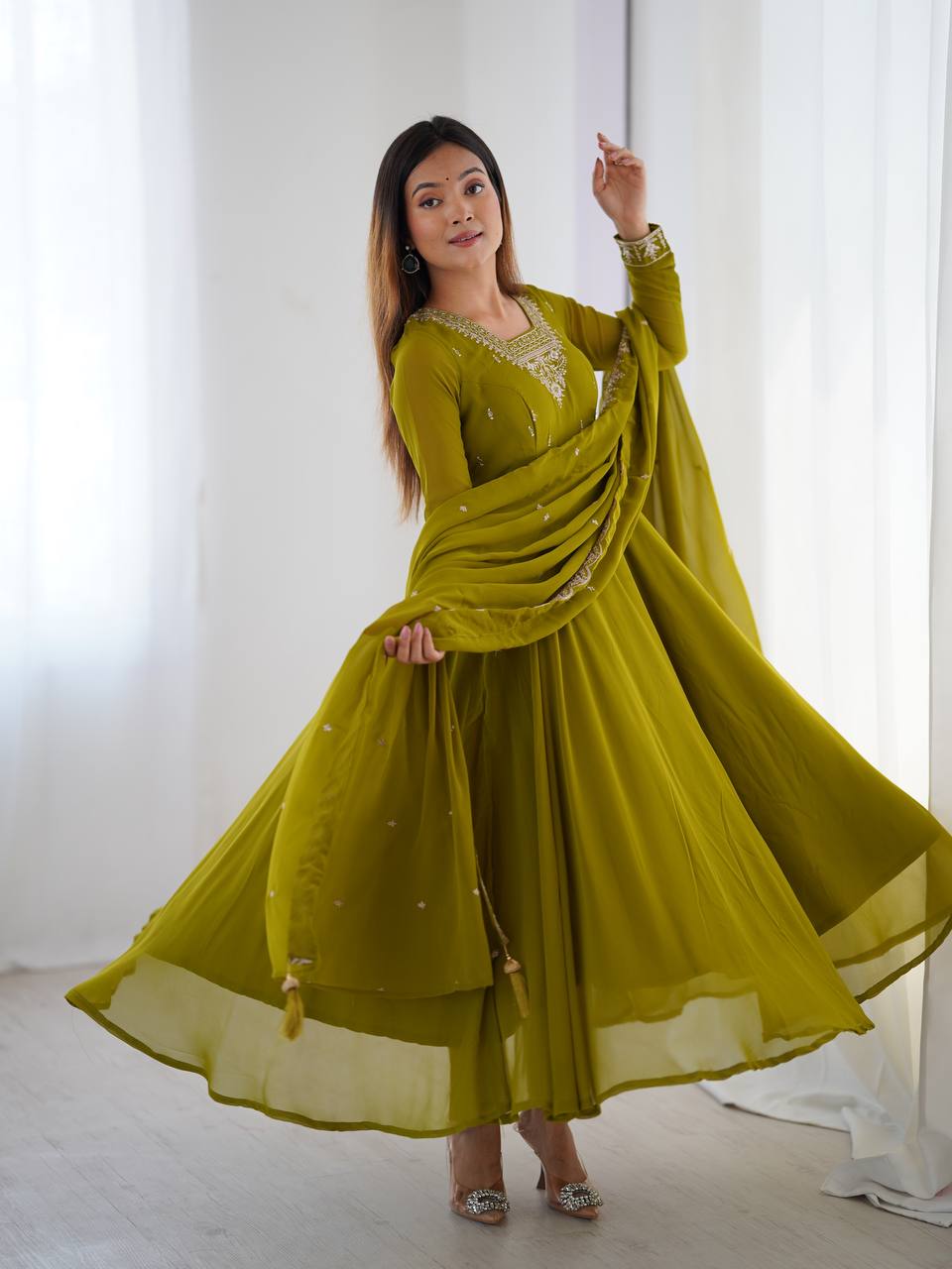HEAVY PURE SOFT FOX GEORGETTE FANCY EMBROIDERY BEADS AND JARI WORK
