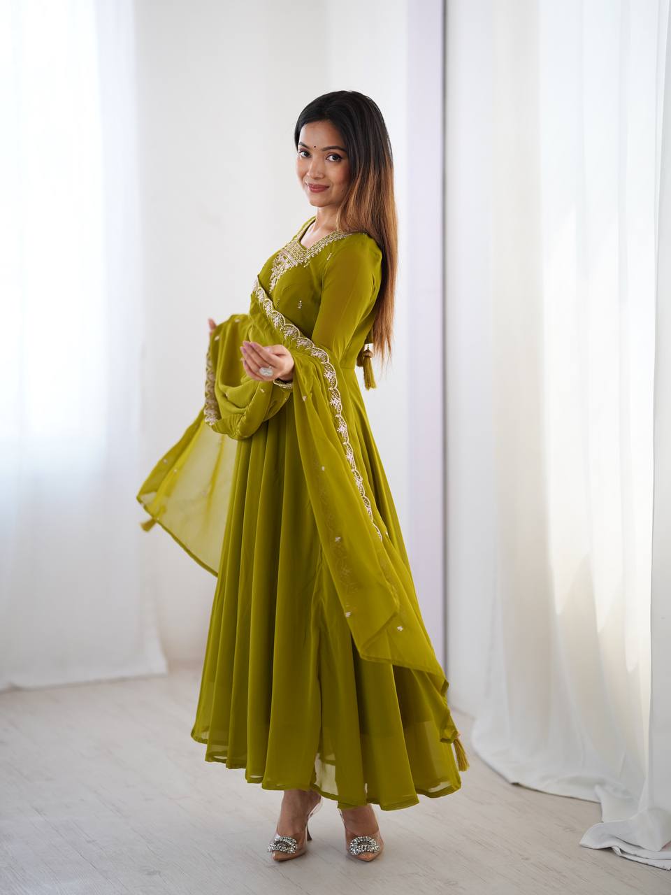 HEAVY PURE SOFT FOX GEORGETTE FANCY EMBROIDERY BEADS AND JARI WORK