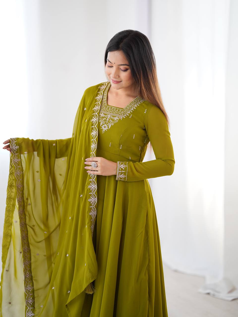 HEAVY PURE SOFT FOX GEORGETTE FANCY EMBROIDERY BEADS AND JARI WORK