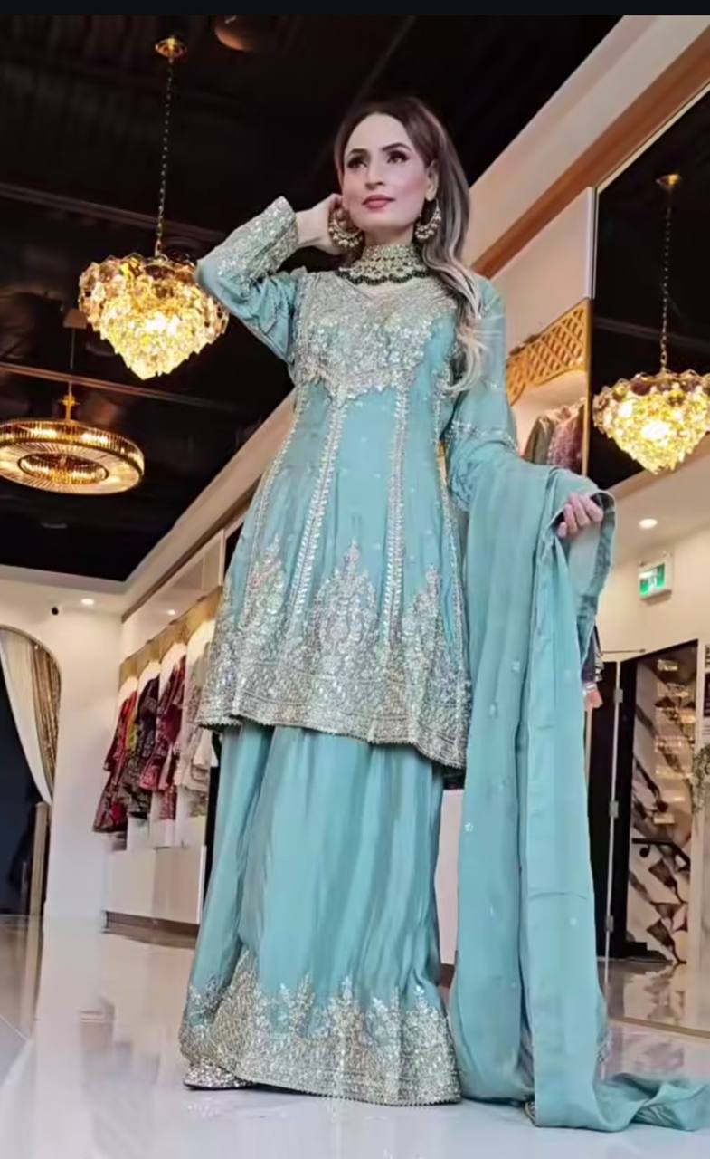 *Presenting  New Designer Party Wear Look Top-Plazzo and Dupatta With Heavy Embroidery Work*