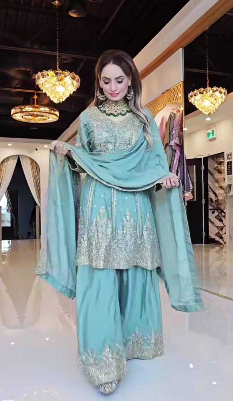 *Presenting  New Designer Party Wear Look Top-Plazzo and Dupatta With Heavy Embroidery Work*