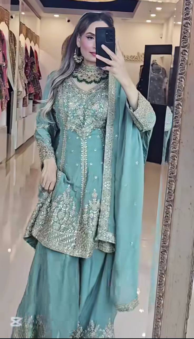 *Presenting  New Designer Party Wear Look Top-Plazzo and Dupatta With Heavy Embroidery Work*