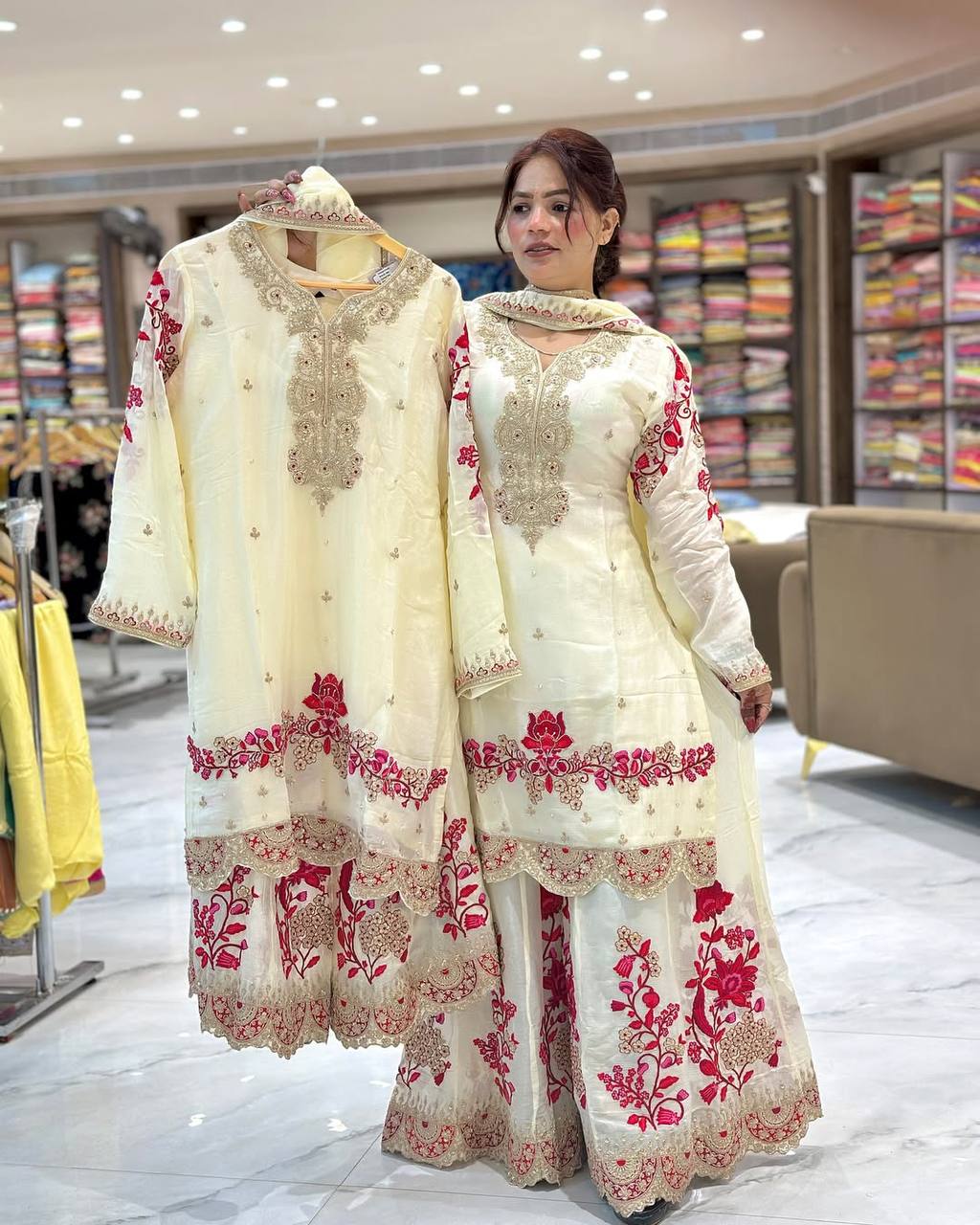 chinon Silk With Heavy Embroidery Work With Fancy Borders Less Work Sleeve With Fancy Latkan Dori.
