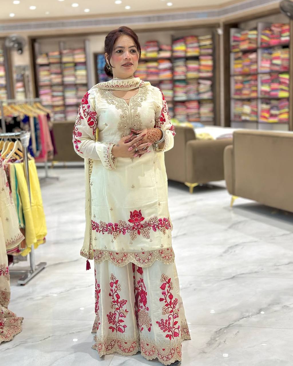 chinon Silk With Heavy Embroidery Work With Fancy Borders Less Work Sleeve With Fancy Latkan Dori.
