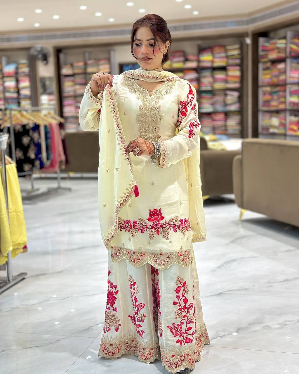 chinon Silk With Heavy Embroidery Work With Fancy Borders Less Work Sleeve With Fancy Latkan Dori.