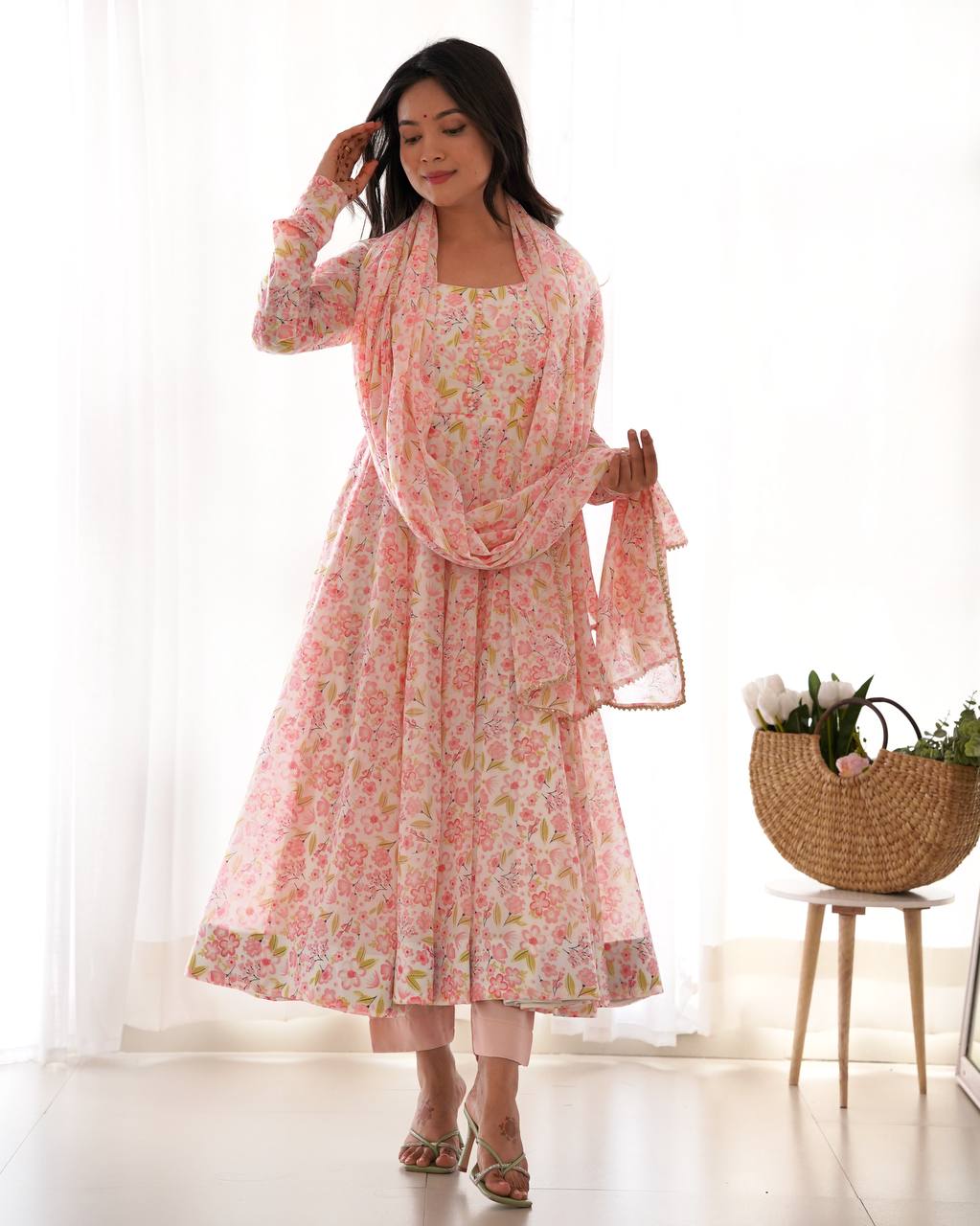 HEAVY ORANGE CHIFFON FLORAL PRINT