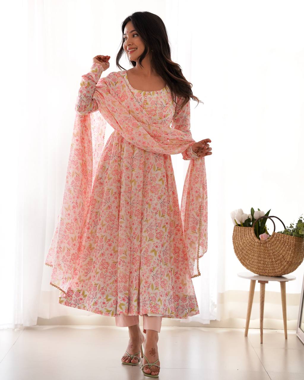 HEAVY ORANGE CHIFFON FLORAL PRINT