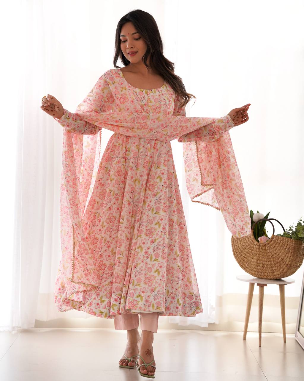 HEAVY ORANGE CHIFFON FLORAL PRINT