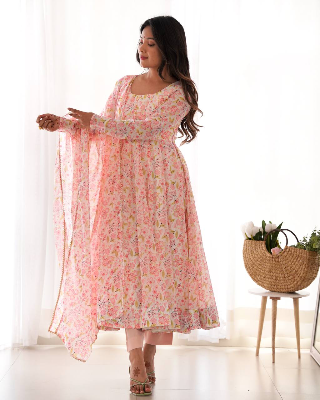 HEAVY ORANGE CHIFFON FLORAL PRINT