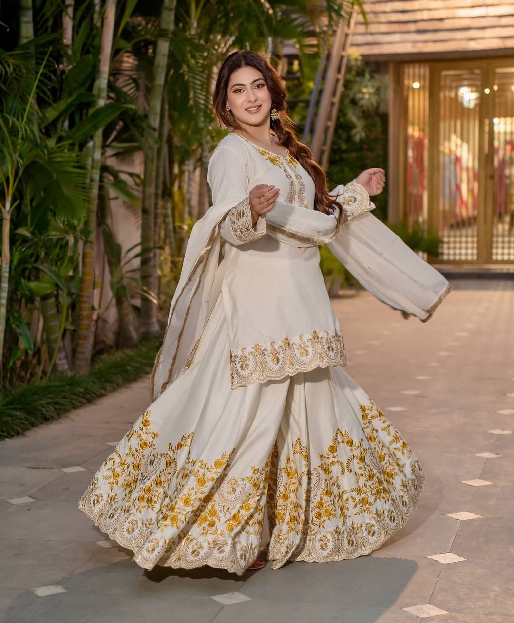 Pure Heavy Natural Crep Silk With Heavy Embroidery Work With Fancy Borders Less Work Sleeve With Fancy Latkan Dori.