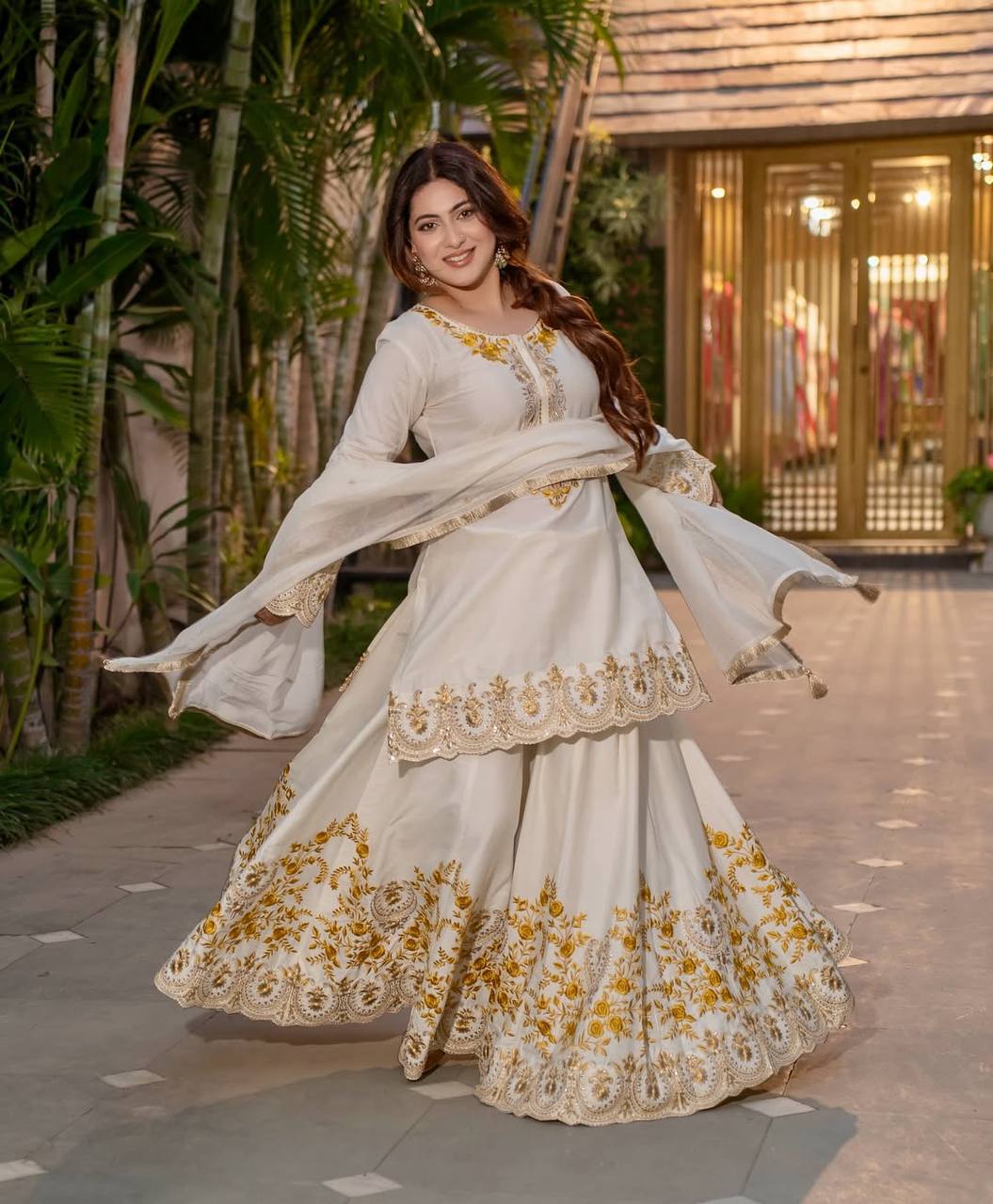Pure Heavy Natural Crep Silk With Heavy Embroidery Work With Fancy Borders Less Work Sleeve With Fancy Latkan Dori.