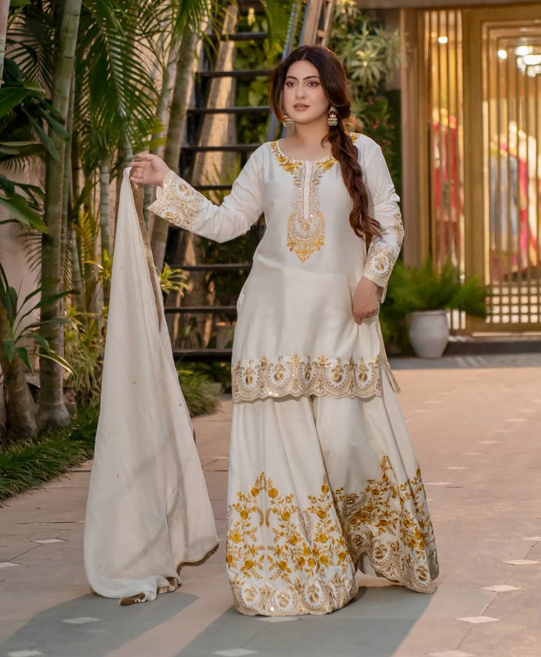 Pure Heavy Natural Crep Silk With Heavy Embroidery Work With Fancy Borders Less Work Sleeve With Fancy Latkan Dori.