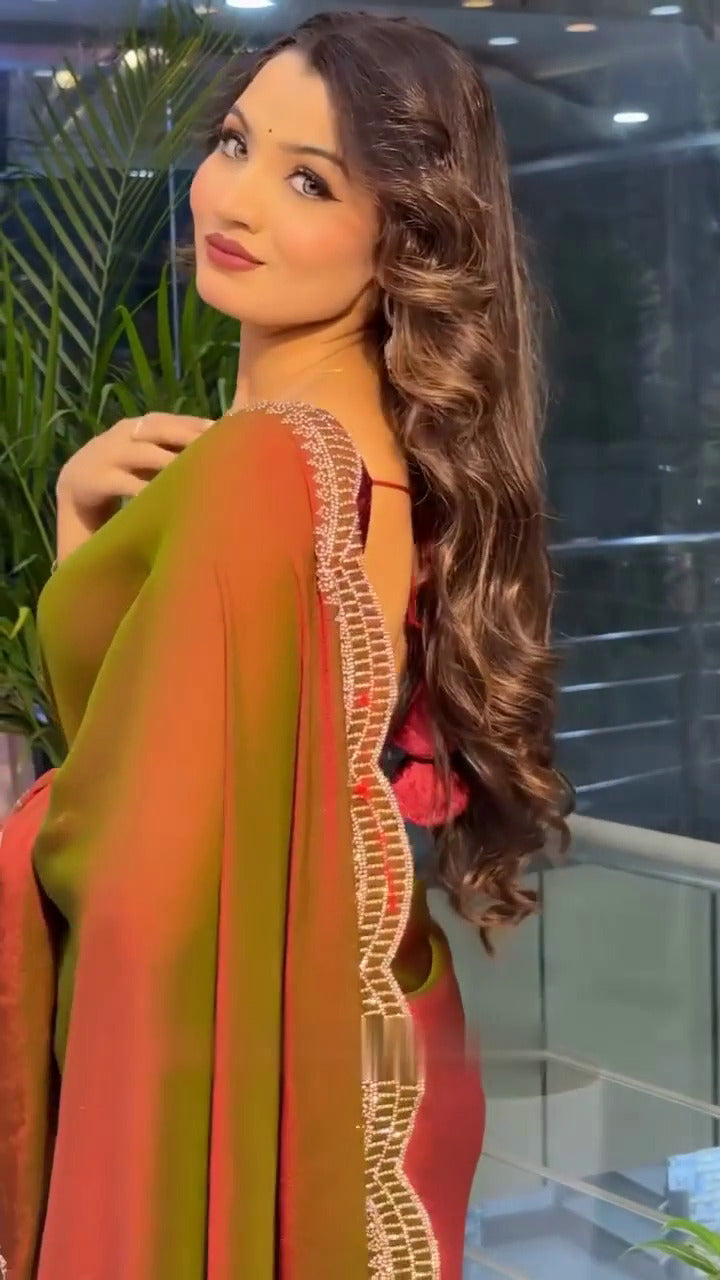 Elegant Moss Fabric Saree with Swarovski Diamond Work