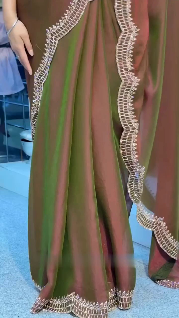 Elegant Moss Fabric Saree with Swarovski Diamond Work
