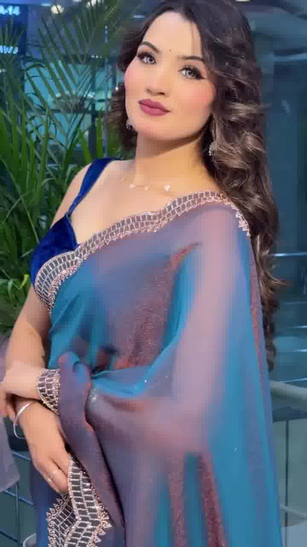 Elegant Moss Fabric Saree with Swarovski Diamond Work