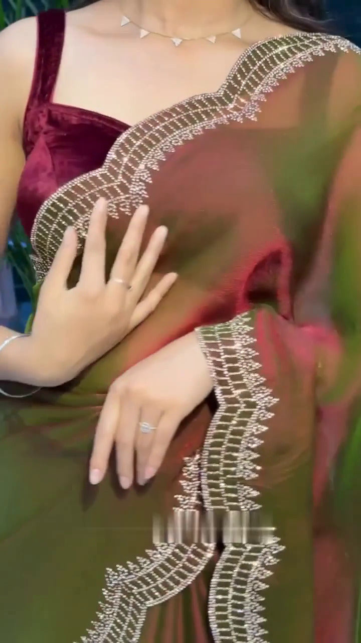 Elegant Moss Fabric Saree with Swarovski Diamond Work