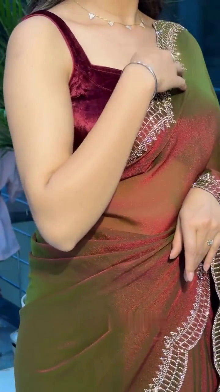 Elegant Moss Fabric Saree with Swarovski Diamond Work