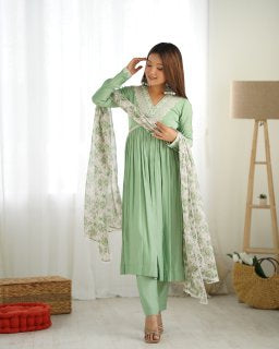 PRESENTING NEW PURE SOFT HEAVY ROMANSILK CHANDERI FABRIC NYRA CUT KURTA WITH DUPPTA SET,PENT READY TO WEAR*