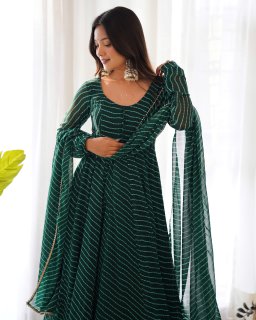 *PURE FOX GEORGETTE LAHERIYA PRINT FABRIC FULLY FLAIR ANARKALI,WITH DUPPTA SET,PENT READY TO WEAR*