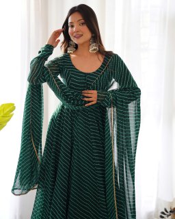 *PURE FOX GEORGETTE LAHERIYA PRINT FABRIC FULLY FLAIR ANARKALI,WITH DUPPTA SET,PENT READY TO WEAR*