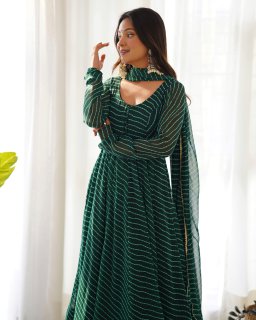 *PURE FOX GEORGETTE LAHERIYA PRINT FABRIC FULLY FLAIR ANARKALI,WITH DUPPTA SET,PENT READY TO WEAR*