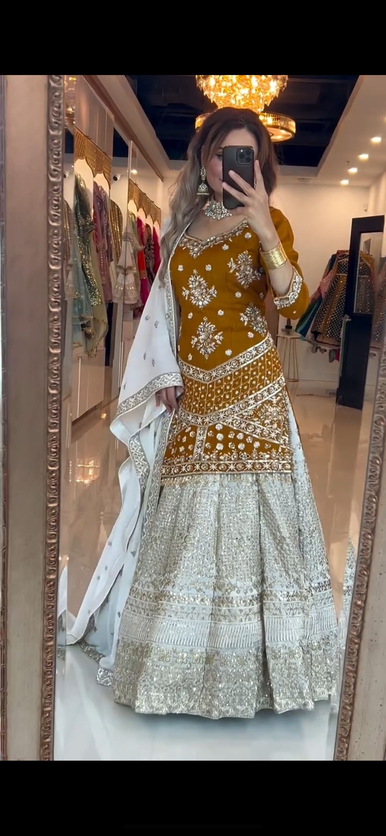 Mustard Mirror-Work Lehenga Set with Ivory Dupatta