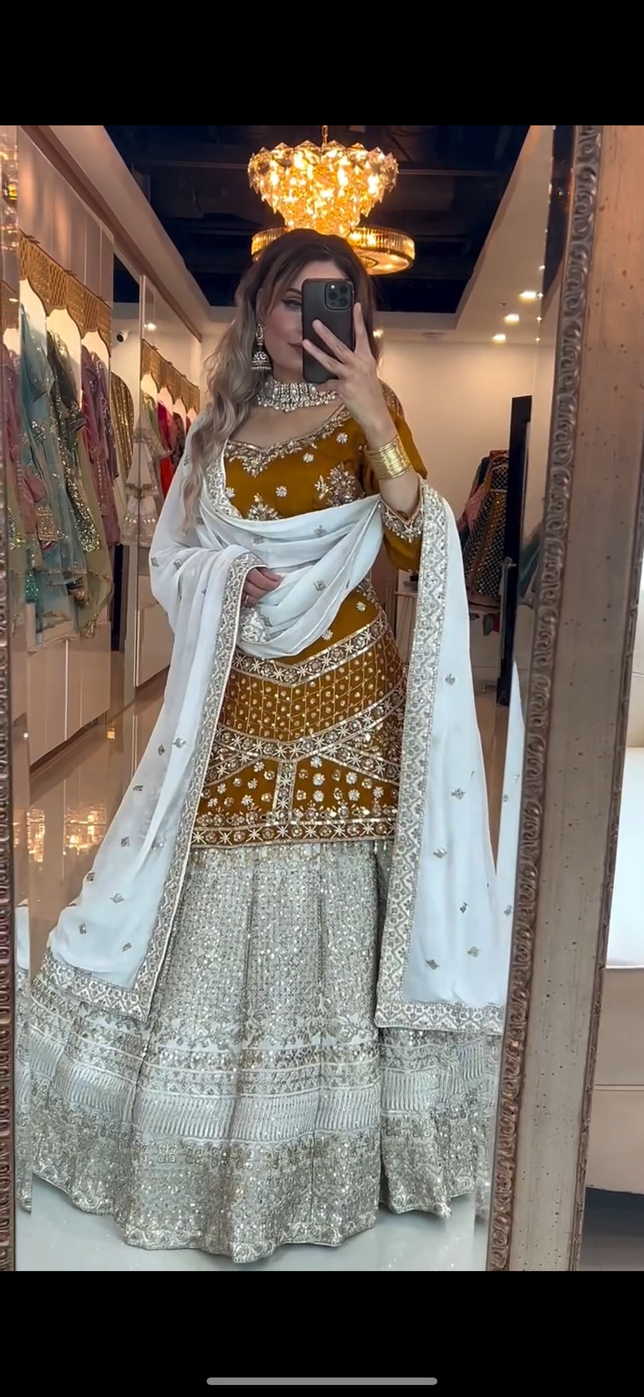 Mustard Mirror-Work Lehenga Set with Ivory Dupatta