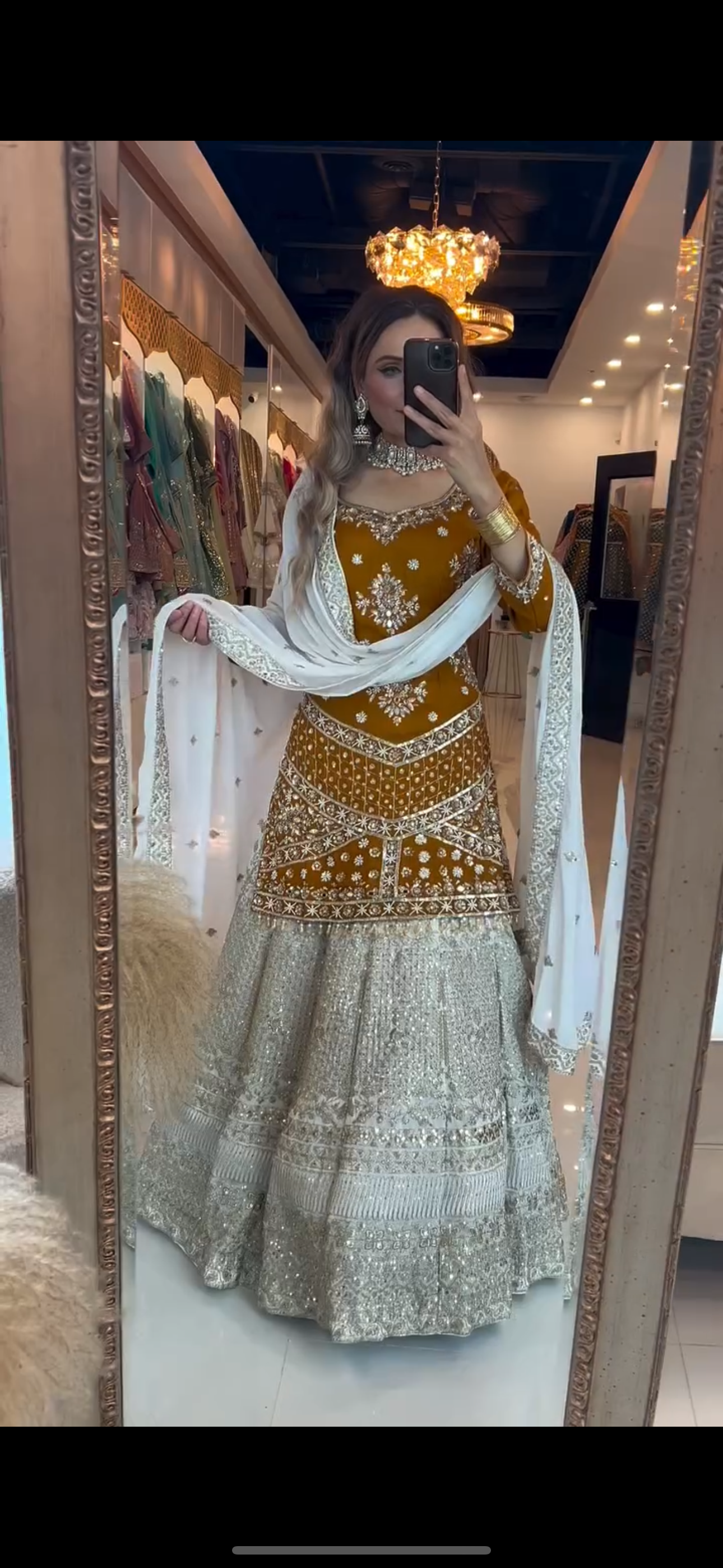 Mustard Mirror-Work Lehenga Set with Ivory Dupatta