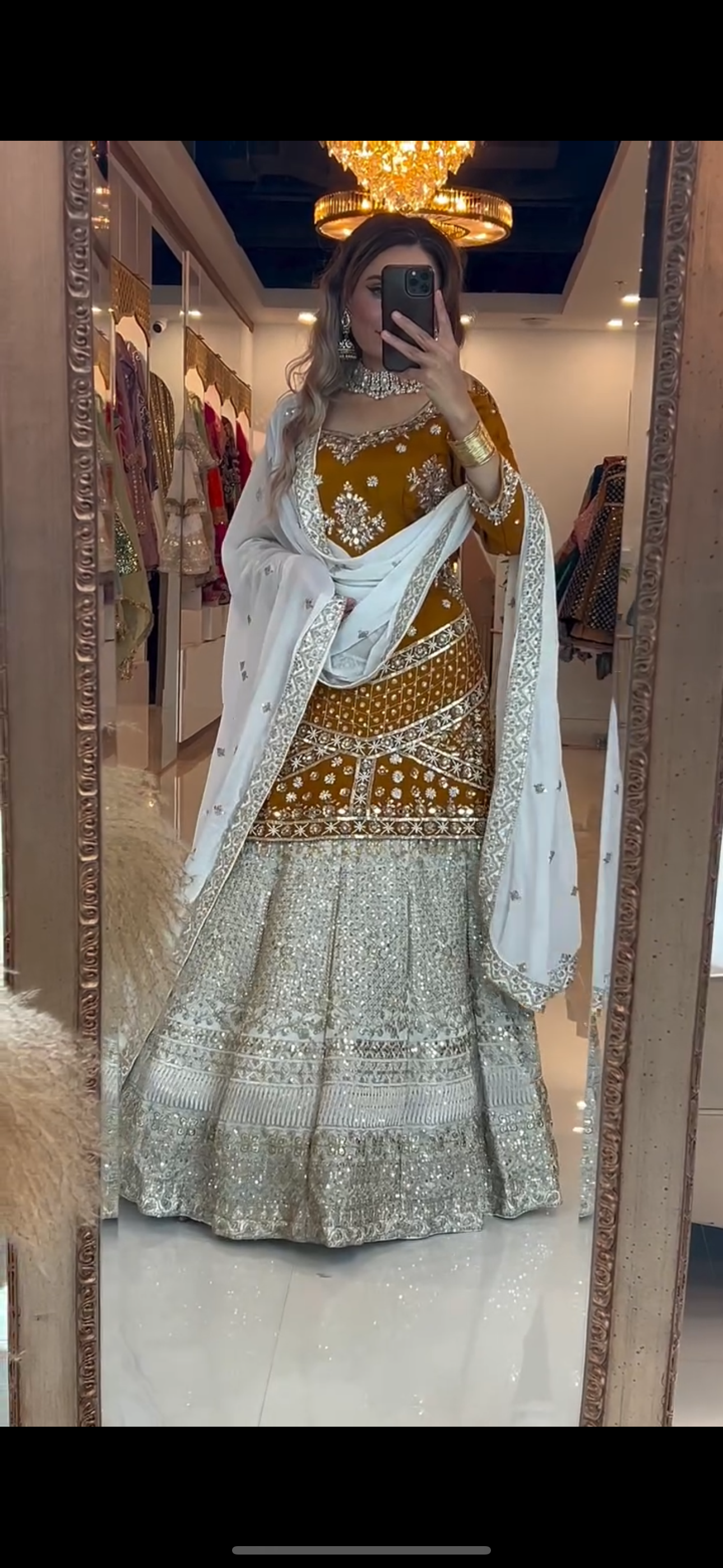 Mustard Mirror-Work Lehenga Set with Ivory Dupatta
