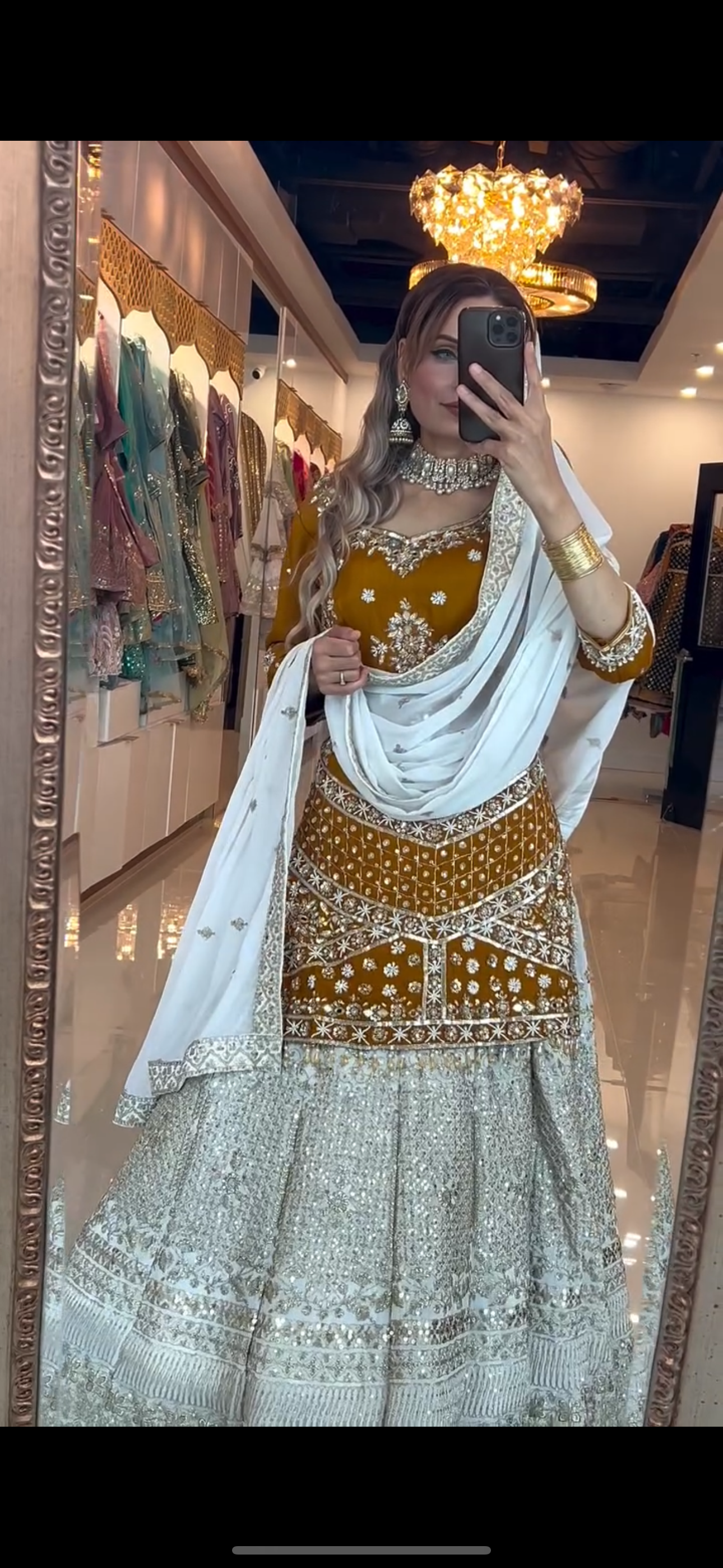 Mustard Mirror-Work Lehenga Set with Ivory Dupatta